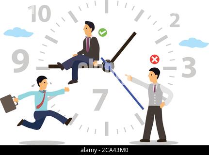 Time Management concept with businessmen running around a clock isolated on a white background.  Cartoon characters. Vector illustration. Stock Vector