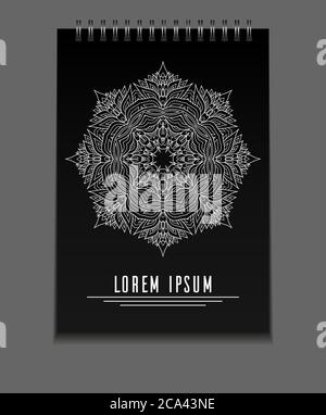 Template black notebook on springs with freehand mandala and place for text. Vector element for your design Stock Vector