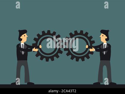 Two businessman joining gears. Concept of business cooperation; team work; collaboration and partnership. Vector illustration. Stock Vector