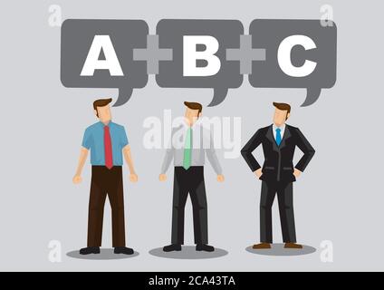Businessmen with speech balloon linked with plus symbols. Creative cartoon vector drawing for collaborations for business projects concept. Stock Vector