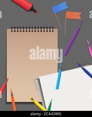 Set of stationery on a gray background. Vector elements separately from the background to your presentation, design projects and your creativity Stock Vector