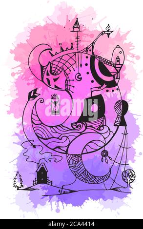 Greeting card with abstract ink drawing on the theme of the dream, the keeper of dreams with watercolor background for your creativity Stock Vector