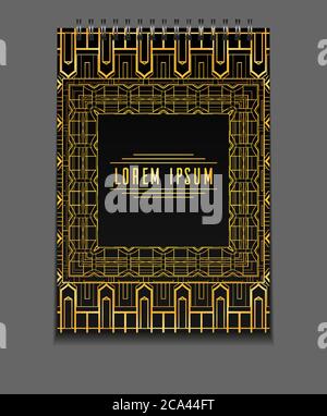 Template notebook on springs with gold geometric pattern and place for text. Vector element for your design Stock Vector