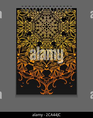 Template notebook on springs with gold freehand mandala and place for text. Vector element for your design Stock Vector