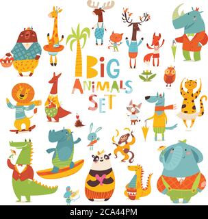 Big vector cartoon set of Wild animals funny characters in flat style Stock Vector