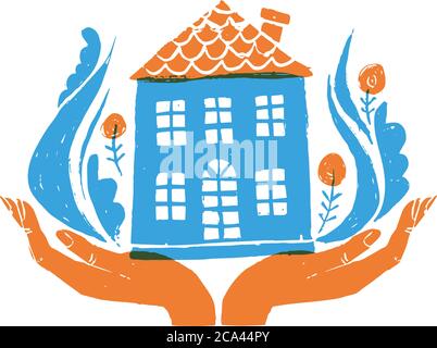 Home logo design or vector card in stencil print technic Stock Vector