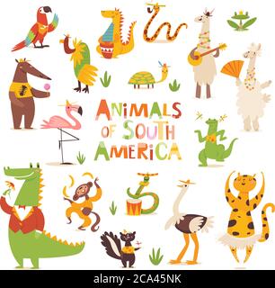 Vector cartoon South America animals funny characters in flat style Stock Vector