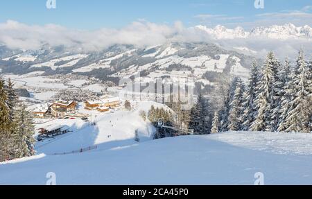 Panoramic view of Ski slopes at Kirchberg in Tirol, part of the Kitzbühel ski area in Austria.