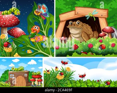 Set of different insects living in the garden background illustration Stock Vector
