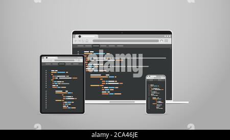 laptop tablet and smartphone screns cross platform application development adaptive user interface responsive web design programming concept horizontal vector illustration Stock Vector