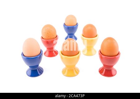 Six ceramic color egg cups with brown eggs. Stock Photo