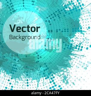 Vector background with halftone pattern, turquoise watercolor splashes and place for text. Element for brochures, cards, web elements and your design Stock Vector