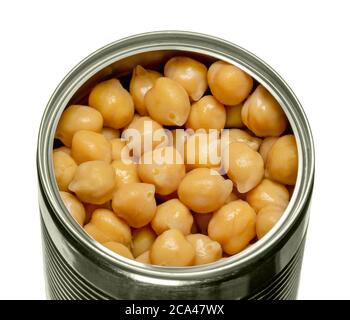 Canned chickpeas in an opened tin can. Large light tan chick peas, Cicer arientinum, also called hoummus. Boiled chickpeas, preserved with brine. Stock Photo