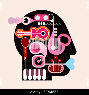 Human head shape design consisting with a different musical instruments vector illustration. Black silhouette on a light background. Stock Vector