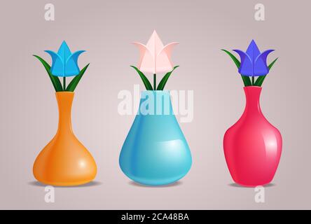 Set realistic jugs with tulips paper origami. Objects apart from the background. Vector element for your design. Stock Vector