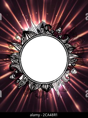Postcard with bright explosion with rays and glare and round frame of black and white doodle leaves. Vector element for your design. Stock Vector