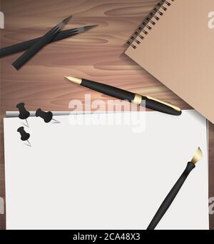 Set of stationery on wooden background. Vector elements separately from the background to your presentation, design projects and your creativity Stock Vector