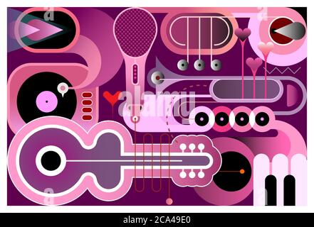 Shades of saturated purple color abstract musical background. Design of different musical instruments, vector illustration. Acoustic guitar, saxophone Stock Vector
