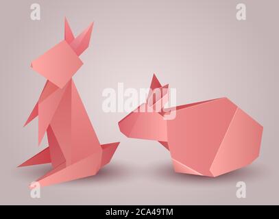Set of origami paper rabbits separately from the background. Vector element for your design Stock Vector