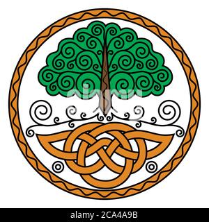 Illustration in Celtic Scandinavian style. World Tree Yggdrasil and Celtic Patterns Stock Vector