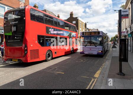 Brentwood, Essex, UK. 4th August 2020. Essex County Council confirms controversial pedestrianisation of Brentwood High Street is to end after concerns from businesses owners over the impact on trade. The £10million scheme was launched on July 4th 2020, allowing only busses and cycles to travel down the High Street between Ingrave Road and Kings Road, in an attempt to create more social distancing due to the coronavirus pandemic. Credit: Ricci Fothergill/Alamy Live News Stock Photo