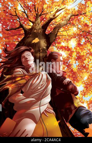 Vector illustration featuring the two lovers listen to music together under the maple tree in autumn Stock Vector