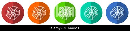 Spider web icon set, red, blue, green and orange flat design web buttons isolated on white background, vector illustration Stock Vector