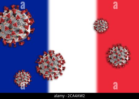 Concept of Coronavirus or Covid-19 particles overshadowing blurred flag of France in background. Stock Photo