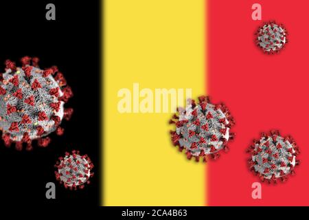 Concept of Coronavirus or Covid-19 particles overshadowing blurred flag of Belgium in background.