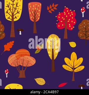 Seamless tree pattern forest woodland with leaves and mushrooms illustration in trendy cartoon flat style Stock Vector