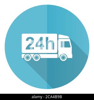 Delivery vector icon, flat design blue round web button isolated on white background Stock Vector