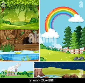 Four different scenes in nature setting cartoon style illustration Stock Vector
