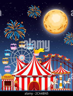 Amusement park scene at night with fireworks and moon in the sky illustration Stock Vector