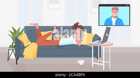 woman lying on sofa chatting with boyfriend in web browser window during video call online meeting self isolation concept horizontal full length vector illustration Stock Vector