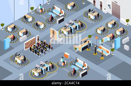businesspeople keeping distance to prevent coronavirus pandemic social distancing concept colleagues working during quarantine in coworking area horizontal full length isometric vector illustration Stock Vector