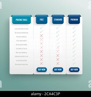 Comparison pricing list. Comparing price or product plan chart compare products business purchase discount hosting image grid. Services cost table. Stock Vector