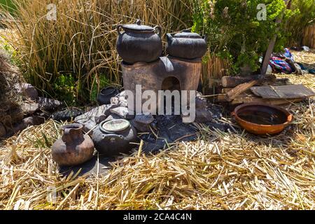 Puno, Peru - september 27, 2018: Uros Floating islands in Titikaka lake at the Border between Peru and Bolivia, in Peru Stock Photo