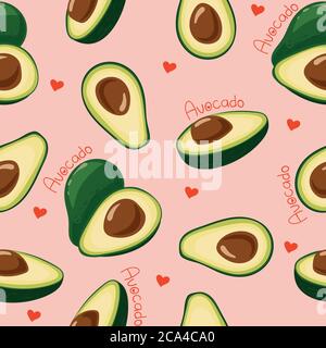 Vector seamless pattern with avocado fruit on a pink background, with the word avocado, hearts. Stock Vector
