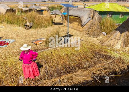 Puno, Peru - september 27, 2018: Uros Floating islands in Titikaka lake at the Border between Peru and Bolivia, in Peru Stock Photo