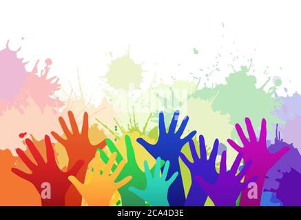 Multicolored rainbow children's hands on background of watercolor splashes. Vector element for your creativity Stock Vector