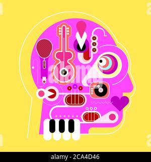 Human head shape design consisting with a different musical instruments vector illustration. Vibrant magenta head silhouette isolated on a yellow back Stock Vector