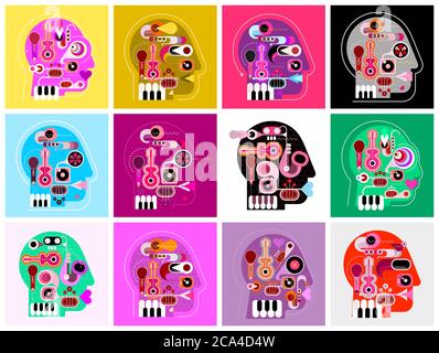 Human head shape design consisting with a different musical instruments. Set of 12 different musical heads. Various vector illustrations combined into Stock Vector