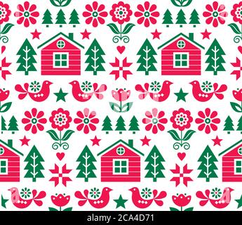 Christmas Scandinavian folk art vector seamless pattern in red and green with Christmas trees, birds, flowers and Finnish house Stock Vector