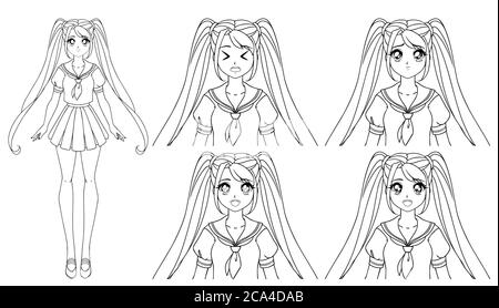 Cute manga girl wearing japanese school uniform. Set of four different expressions. Sad, happy, angry, scared. Hand drawn vector illustration. Isolate Stock Vector