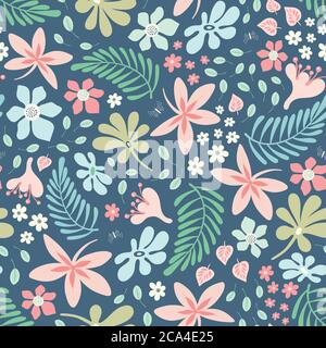 Tropical flower and leaf pattern design. Pretty vector tossed nature seamless repeat background. Stock Vector