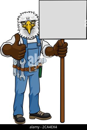 Eagle Cartoon Mascot Handyman Holding Sign Stock Vector