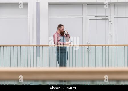 Brutal bearded self employed worker in blue overalls, checked shirt, drinking coffee from a paper cup, using smartphone. Time to take break. Hipster b Stock Photo