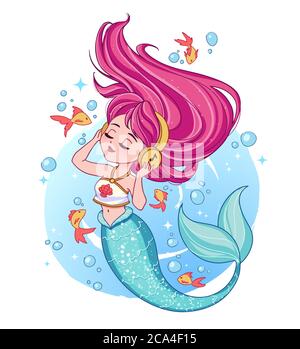 Cute pink haired mermaid wearing a t-shirt listen to music. Little golden fishes and bubbles on the background. Hand drawn shiny vector illustration. Stock Vector