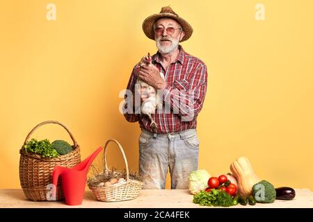 Front view of mature gardener with gray beard, standing with domestic hen behind counter with fresh lush vegetables and eggs on it, gazing directly in Stock Photo