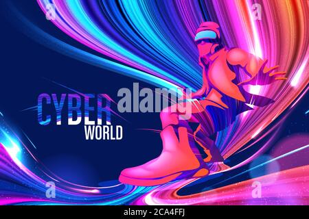 Cyber theme design or key visual in vector illustration vibrant colors of light streaks. Stock Vector